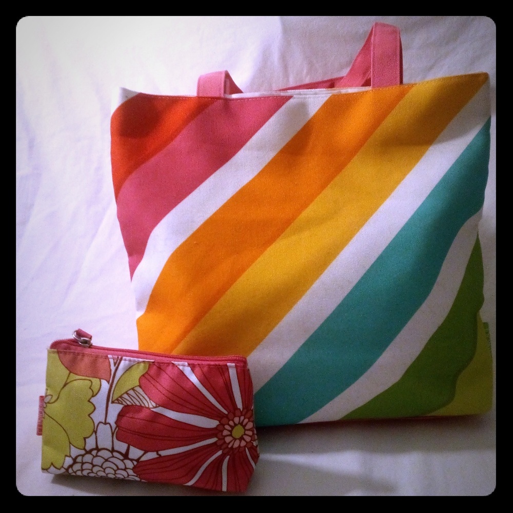 Clinique rainbow tote and makeup bag.